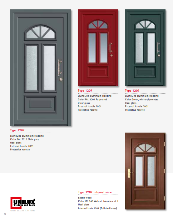 Type 1207 LivingLine – Uadi Glass Exotic Wood LivingLine Aluminium Clad Door, Slate or Purple Red, Walnut Interior, Advanced Lock, Brass Handle, German Certified Safety Features